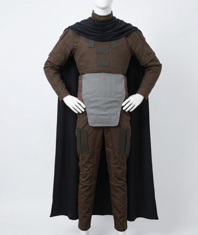 May include: A brown long-sleeved tactical costume featuring a black cape and cowl, a grey abdominal plate, and dark brown rectangular accents on the chest and thighs. The outfit includes fitted trousers and a structured top with a high neck collar.