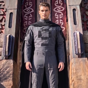 K&ouml;nnte beinhalten: Ein grauer Langarm-Jumpsuit mit Stehkragen, schwarzen rechteckigen Aufn&auml;hern auf Brust und Schultern sowie einem langen schwarzen Umhang. Der Jumpsuit weist sichtbare N&auml;hte an den Beinen auf und wird vor einem steinernen Torbogen getragen.