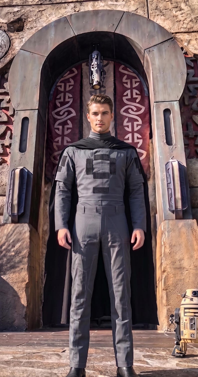K&ouml;nnte beinhalten: Ein grauer Langarm-Jumpsuit mit Stehkragen, schwarzen rechteckigen Aufn&auml;hern auf Brust und Schultern sowie einem langen schwarzen Umhang. Der Jumpsuit weist sichtbare N&auml;hte an den Beinen auf und wird vor einem steinernen Torbogen getragen.