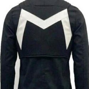 May include: A black jacket featuring a high collar and long sleeves. The back of the garment displays a prominent white chevron-shaped design across the upper section, with a straight white band along the bottom hemline of the jacket.