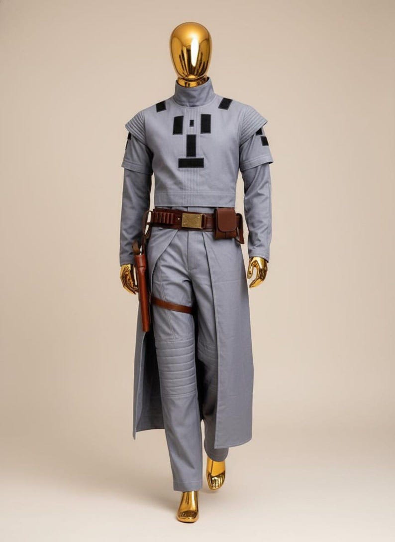 May include: A gray costume with a high collar, long sleeves, and a matching long coat. The outfit includes a brown belt with pouches, a holster, and gold-colored boots. The mannequin has a gold-colored head.
