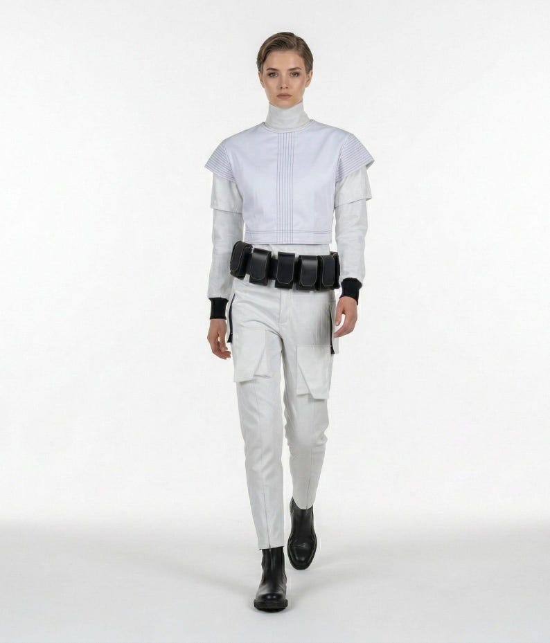 Pu&ograve; includere: Un outfit di ispirazione futuristica con un top corto bianco con cuciture verticali, maniche a strati e pantaloni bianchi abbinati. Una cintura nera con pi&ugrave; tasche e stivali neri completano il look. La modella sta camminando.