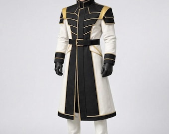 Custom Military Long Coat Costume | Gold Trim Bespoke Officer Jacket, Gothic Cosplay Uniform & Steampunk Tailored Coat