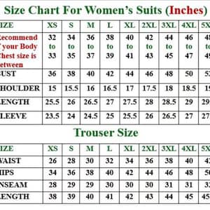 May include: A size chart table for suits with two sections. The top section lists sizes XS through 5XL with measurements in inches for chest, bust, shoulder, length, and sleeve. The bottom section lists trouser sizes with waist, hips, inseam, and length measurements in inches.