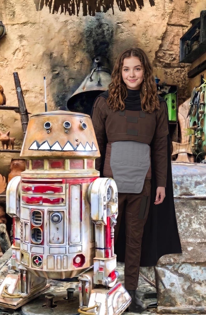 May include: A cylindrical droid with a weathered tan and red finish, featuring a row of triangular teeth on its dome, standing beside a person wearing a brown long-sleeved tunic, a grey chest plate, and a dark cape in a rustic, stone-walled setting.