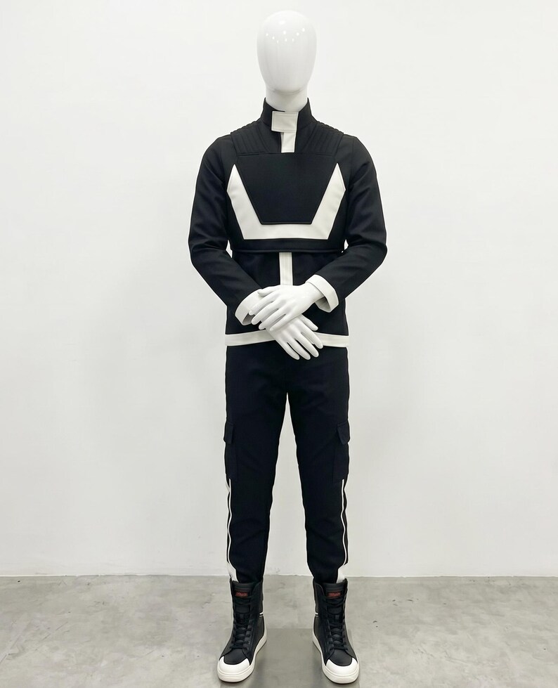 May include: A black long-sleeved jacket with a high collar and a white geometric chest design, paired with matching black cargo pants featuring white side stripes. The outfit includes white gloves and black high-top sneakers on a mannequin.