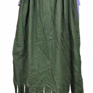 May include: A long, dark green cape with a pleated upper section and a fringed bottom edge, worn over a light purple garment with a high collar and visible vertical stitching details. The cape covers the back of the purple outfit completely.