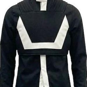 May include: A black long-sleeve jacket featuring a high collar with a white vertical stripe, a white U-shaped chest panel, and white trim along the bottom hem and cuffs. The garment has a structured design with ribbed shoulder detailing.