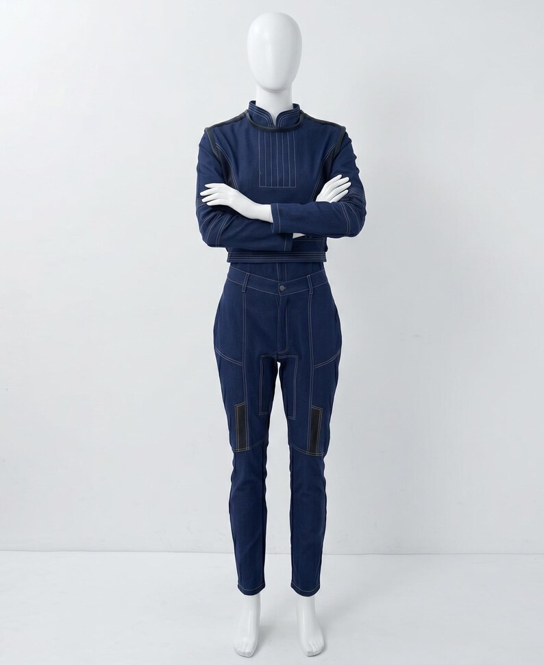 Op de afbeelding: Een donkerblauwe tweedelige outfit bestaande uit een top met lange mouwen met een hoge kraag en een bijpassende broek. De set is voorzien van opvallende witte contraststiksels, gestructureerde panelen en zwarte rechthoekige accenten op de bovenbenen.