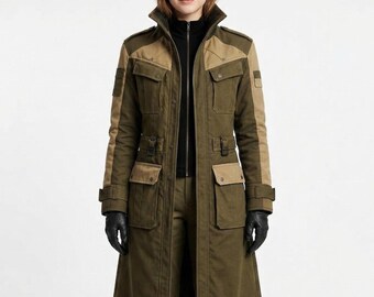 Women’s Military Trench Coat | Tactical Field Coat with Multi-Pocket Utility Design, Rugged Overcoat for LARP, Cosplay & Steampunk Jacket