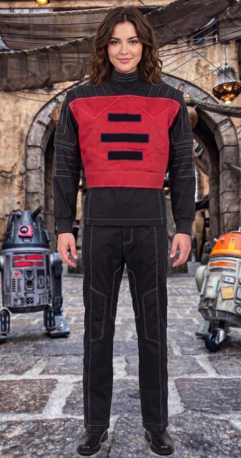 May include: A long-sleeved black shirt with a high neck and a red chest panel featuring three horizontal black rectangular patches. The shirt and matching black trousers are accented with prominent white topstitching throughout the garment.