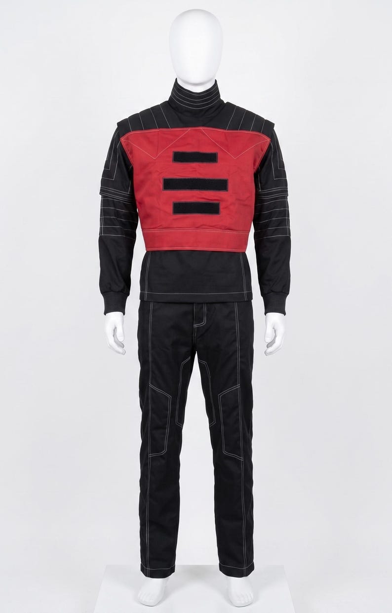 May include: A black long-sleeved shirt with a high collar and white contrast stitching, paired with matching black trousers. A red chest panel is layered over the shirt, featuring three horizontal black rectangular patches on the front.
