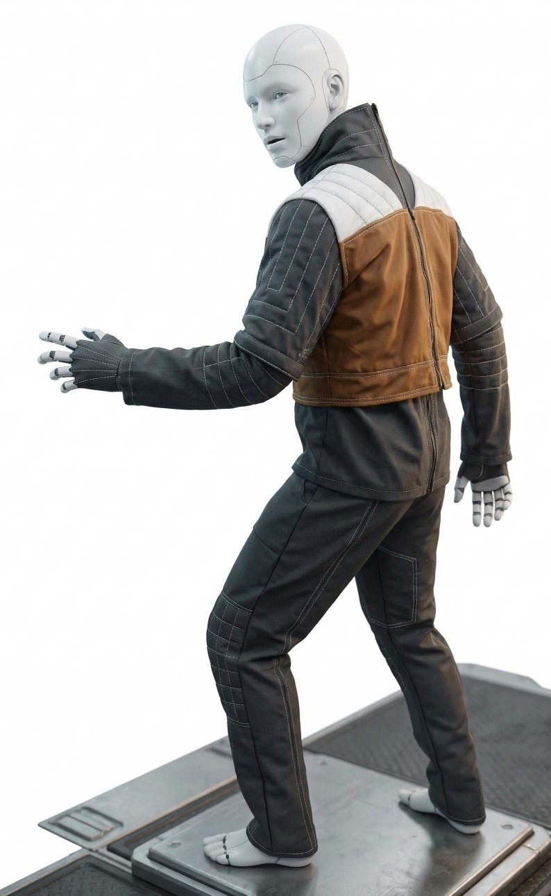 May include: A futuristic humanoid figure in a dark grey jumpsuit with white stitching, a brown vest, and white and grey padded shoulder detail. The figure has a pale face and hands, posed on a metallic platform.