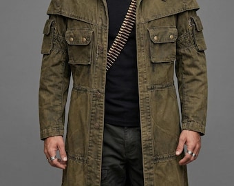 Men’s Olive Green Tactical Long Coat | Vintage Military Cotton Trench Overcoat, Field Officer Jacket for Steampunk & Cosplay