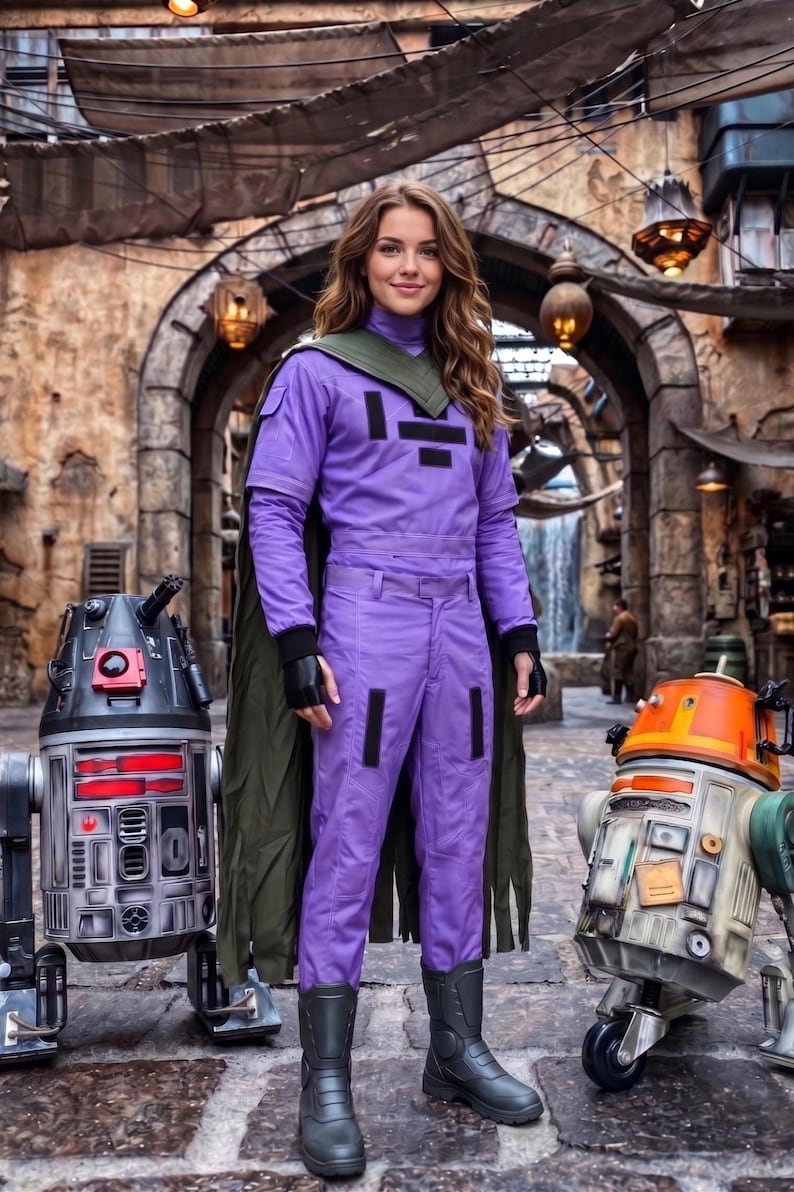 May include: A person wearing a purple long-sleeved jumpsuit with black rectangular accents, a dark green cape, and black boots, standing between a grey and red cylindrical droid and an orange and white cylindrical droid in a stone-walled area.
