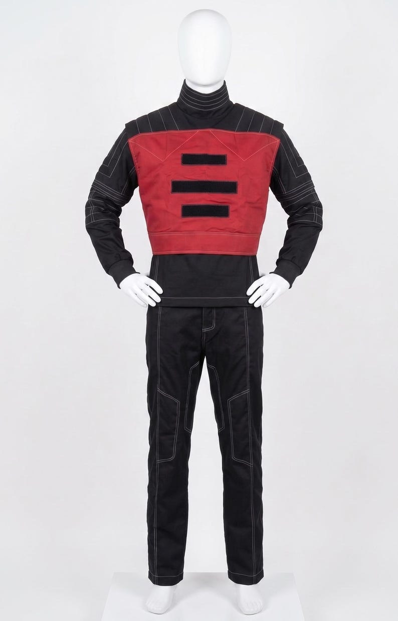 May include: A black long-sleeved mock neck shirt and matching trousers featuring white contrast stitching throughout. The outfit includes a red chest panel with three horizontal black rectangular patches across the front center.