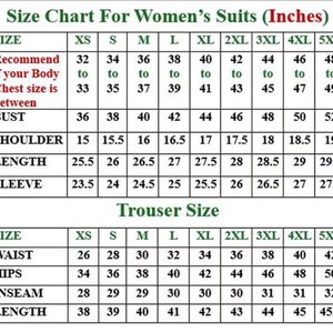 May include: A size chart table for suits with two sections. The top section lists sizes XS through 5XL with measurements in inches for chest, bust, shoulder, length, and sleeve. The bottom section lists trouser sizes with waist, hips, inseam, and length measurements in inches.