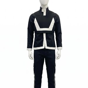 May include: A dark navy blue long-sleeved jacket with a high collar and a white geometric chest panel, paired with matching dark navy blue cargo pants featuring white vertical side stripes and side pockets, displayed on a white mannequin.