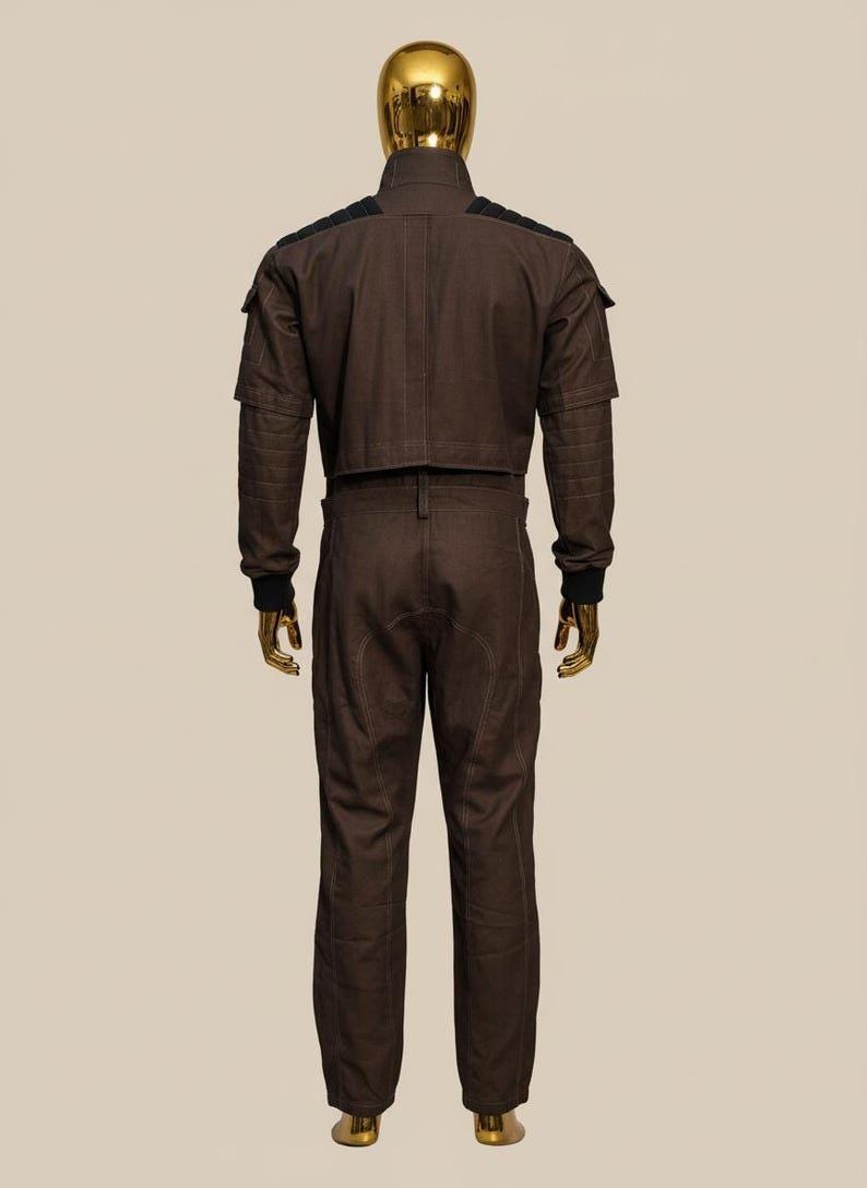 May include: A brown jumpsuit with a cropped jacket and matching pants. The jacket has a high collar and black accents on the shoulders. The pants have a straight leg design. The mannequin has a gold head.
