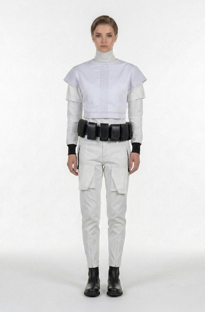 Pu&ograve; includere: Un outfit in stile futuristico bianco, composto da un top a collo alto, una giacca corta e pantaloni cargo. Una cintura nera con tasche e stivali neri completano l'ensemble. L'outfit ha un'estetica pulita e minimalista, adatta al cosplay.