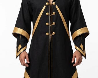 Black Gold Wizard Cloak, Medieval Mage Robe Costume, Fantasy Sorcerer Outfit, LARP Halloween Cosplay Wear