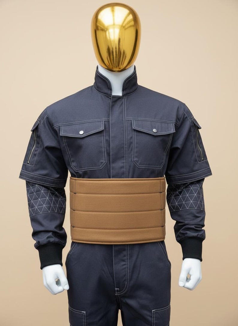 May include: A mannequin wearing a dark blue jumpsuit with a brown belt. The jumpsuit has pockets, zippers, and white stitching. The mannequin has a gold-coloured head.