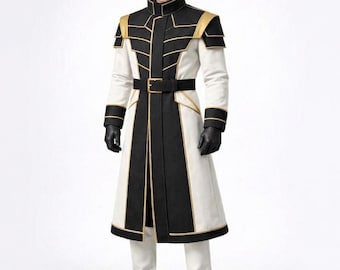 Custom Military Long Coat Costume | Gold Trim Bespoke Officer Jacket, Gothic Cosplay Uniform & Steampunk Tailored Coat