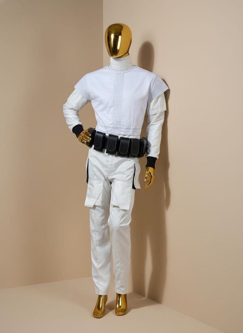 Pu&ograve; includere: Un costume futuristico bianco con dettagli neri su un manichino. Il manichino ha testa, mani e piedi dorati. L'outfit comprende una camicia a collo alto, pantaloni cargo e una cintura con tasche. Il costume &egrave; esposto in studio.