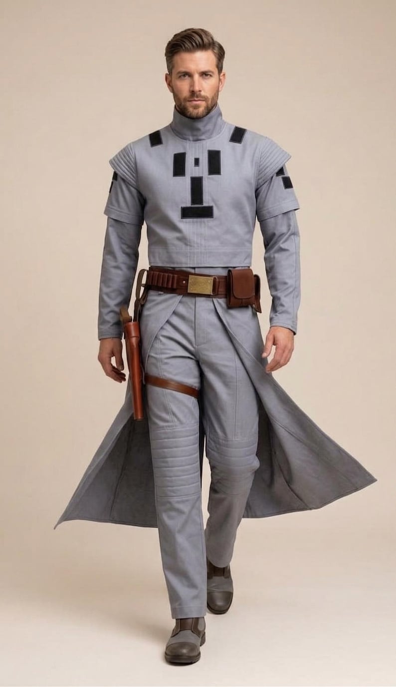 May include: A gray costume with black accents, featuring a high collar, long sleeves, and a long coat-like extension. The outfit includes a brown belt, holster, and a matching leg strap. The pants have quilted details, and the boots are gray and brown.