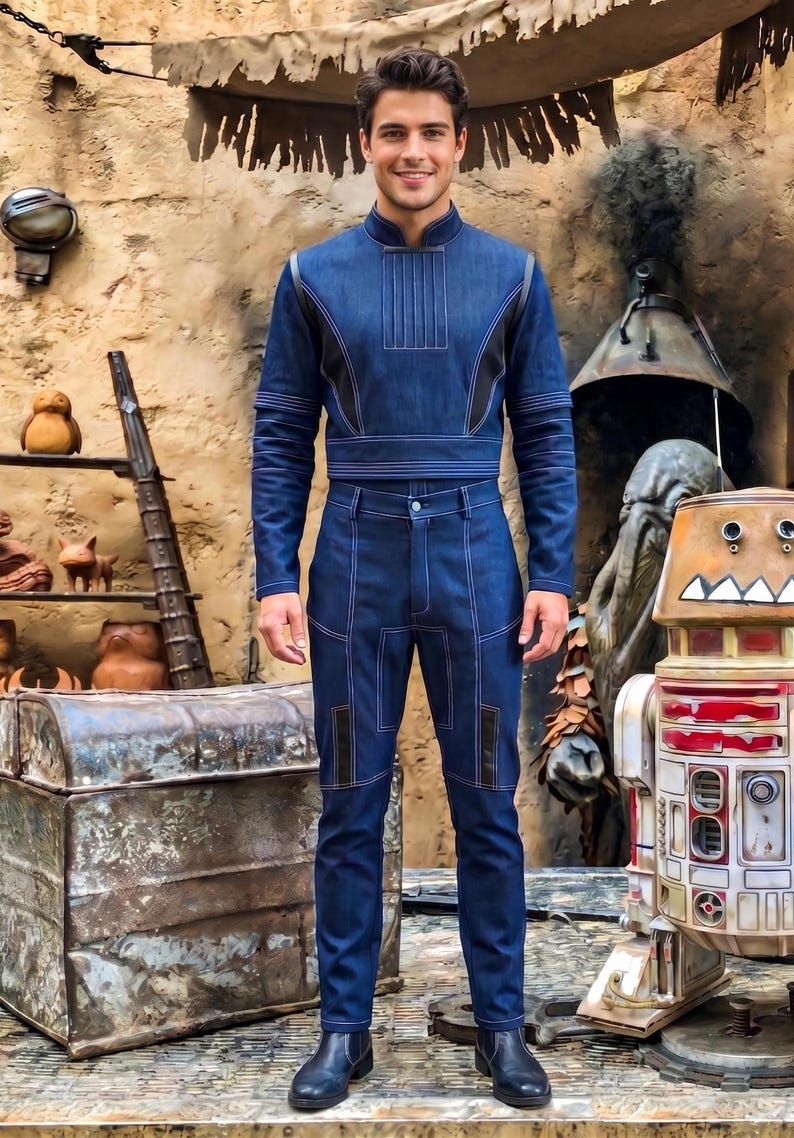 Op de afbeelding: Een donkerblauw denim shirt met lange mouwen, een hoge kraag en verticale stiksels, gecombineerd met een bijpassende donkerblauwe denim broek met verstevigde kniestukken en witte contraststiksels over het gehele tweedelige kostuum.
