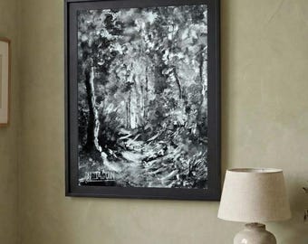 Landschaft in Tusche 15 von Nathalie JAGUIN - Sammlung "Wege unter Wäldern und Flüssen der Bretagne"