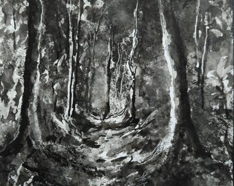 Inktstudie 10 van Nathalie JAGUIN - collectie "paden onder de bossen en rivieren van Bretagne".