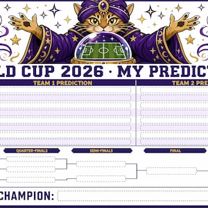 Puede incluir: Un gráfico de predicción de la Copa del Mundo 2026 en morado y dorado. La imagen presenta un gato con una túnica de mago sosteniendo una bola de cristal con un campo de fútbol en su interior. El gráfico incluye secciones para predicciones de equipos, grupos A-H y el cuadro final.