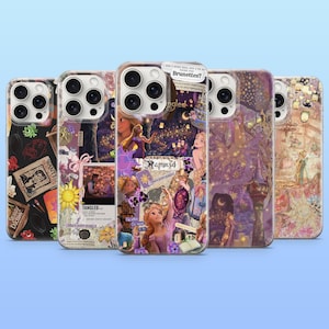May include: Five clear phone cases with colourful designs. The cases feature images of a princess, lanterns, and text that reads "Brunettes?" and "Tangled". The cases have a variety of colours, including purple, gold, and black.