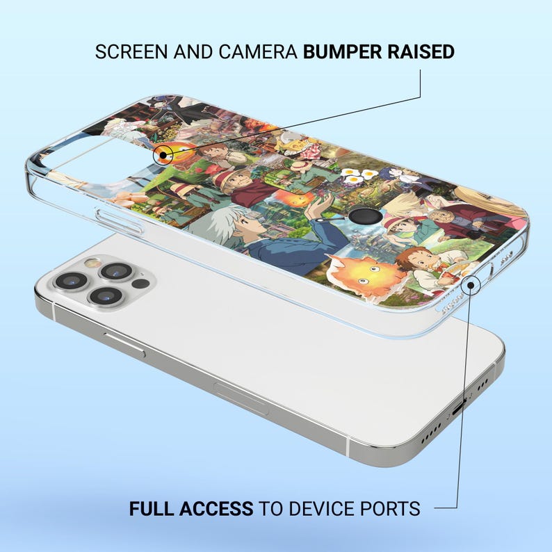 Peut inclure: Une coque de t&eacute;l&eacute;phone transparente avec un design color&eacute; de style anime repr&eacute;sentant divers personnages et sc&egrave;nes. La coque est pr&eacute;sent&eacute;e sur un t&eacute;l&eacute;phone blanc, avec le texte "SCREEN AND CAMERA BUMPER RAISED" et "FULL ACCESS TO DEVICE PORTS".