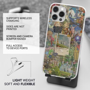 Peut inclure: Une coque de t&eacute;l&eacute;phone transparente orn&eacute;e d'un collage color&eacute; d'illustrations de style anime. La coque est pr&eacute;sent&eacute;e sur un support noir, mettant en valeur son design et ses caract&eacute;ristiques. Le texte sur la coque indique : "SUPPORTS WIRELESS CHARGING", "SIDES ARE NOT PRINTED", "SCREEN AND CAMERA BUMPER RAISED", "FULL ACCESS TO DEVICE PORTS", "LIGHT WEIGHT SOFT AND FLEXIBLE".