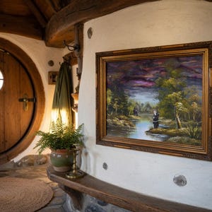 Peut inclure: Peinture à l'huile encadrée dans un cadre doré orné, représentant un paysage avec une personne pêchant dans une rivière. Accrochée sur un mur blanc dans un intérieur rustique avec une porte en bois et une fougère en pot.