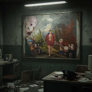 Peut inclure: Une pièce sombre et vieillie avec une grande peinture représentant un homme en rouge entouré de zombies. Un bureau avec un ordinateur, une chaise et un chapeau de police sont visibles. Les murs sont sombres et usés.