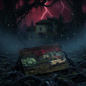 Peut inclure: Image numérique d'une scène sombre et menaçante. Une photographie déchirée d'une camionnette de livraison de pizzas repose sur un lit de racines noueuses. Un bâtiment délabré est en arrière-plan, avec des éclairs dans le ciel rouge.
