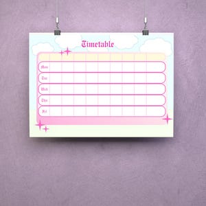May include: A pastel-colored timetable poster with a light purple background. The poster features a pink and white grid for scheduling, with the days of the week listed vertically. The word "Timetable" is written in a decorative font at the top.