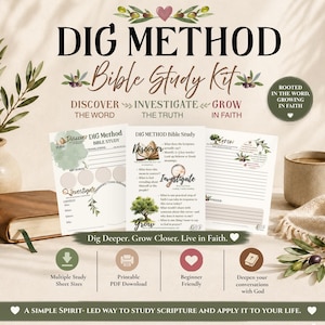 Könnte beinhalten: Ein Bibelstudien-Kit mit dem Text "DIG METHOD Bible Study Kit". Das Kit enthält Studienblätter mit Aufforderungen zum Entdecken, Untersuchen und Wachsen im Glauben. Das Design zeigt Olivenzweige und ein Herz mit den Worten "Dig Deeper. Grow Closer. Live in Faith."