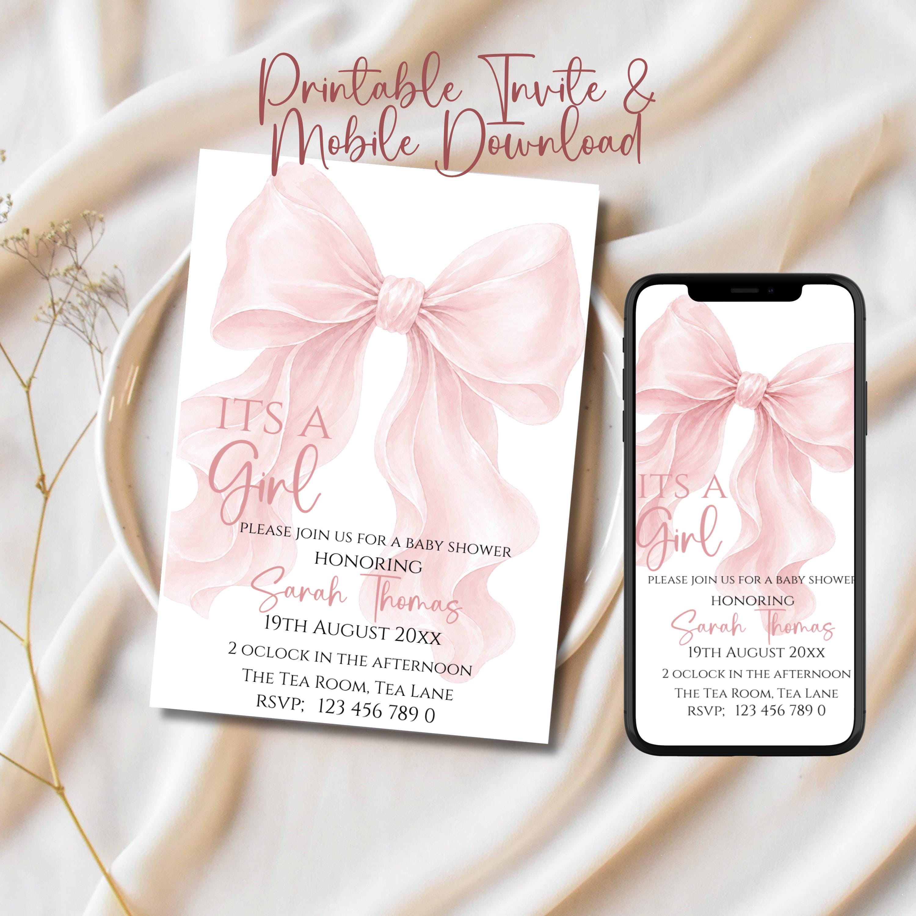 Its A Girl Blush Pink Baby Shower Invitation Watercolour Coquette Bow ...