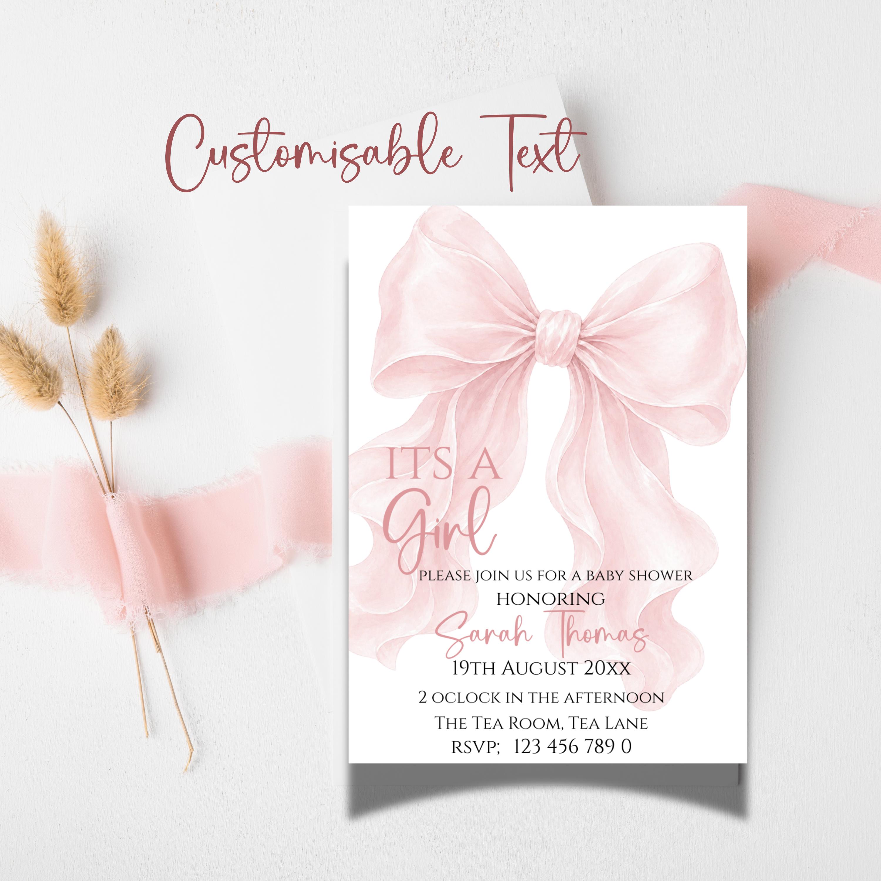 Its A Girl Blush Pink Baby Shower Invitation Watercolour Coquette Bow ...
