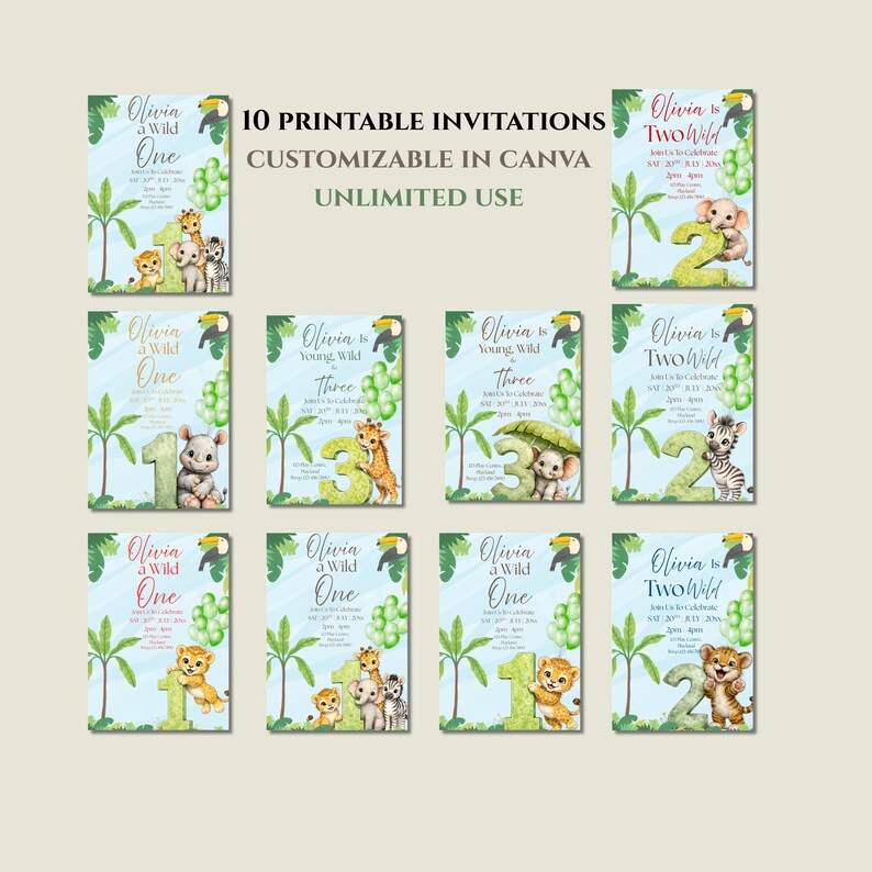 Safari Birthday Invitation Bundle | 10 Printable Invites | Age One Two ...