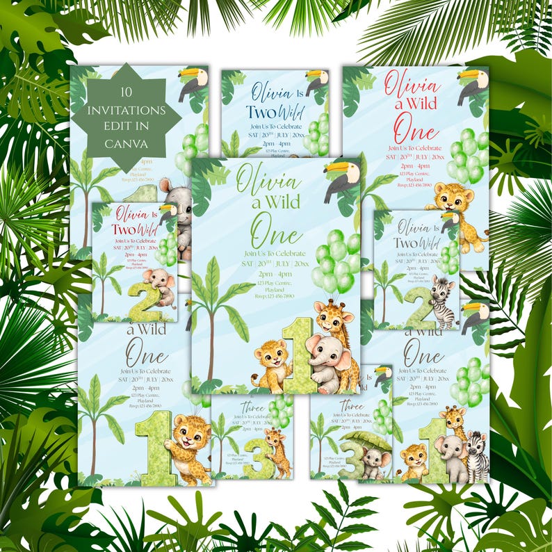 Safari Birthday Invitation Bundle | 10 Printable Invites | Age One Two ...