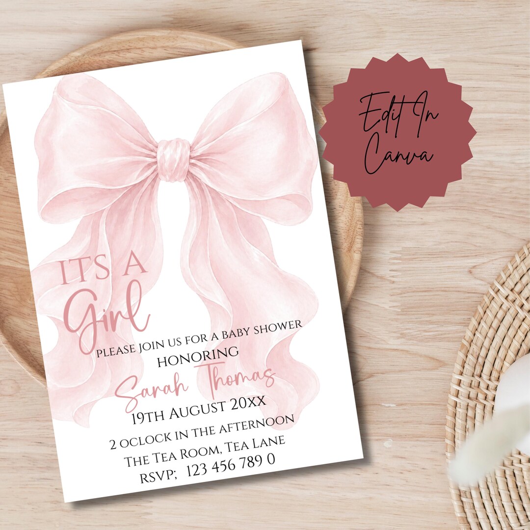 Its A Girl Blush Pink Baby Shower Invitation Watercolour Coquette Bow ...
