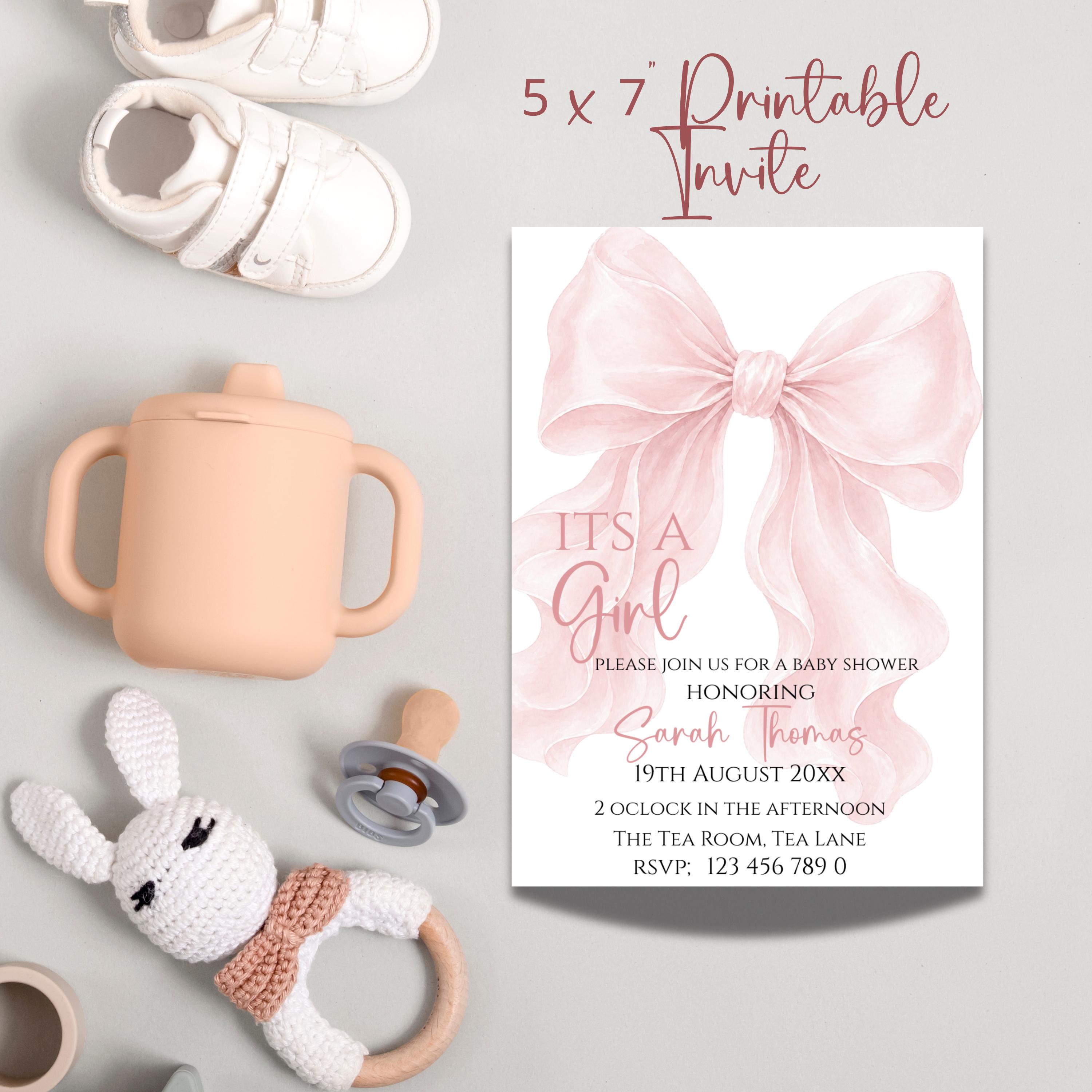 Its A Girl Blush Pink Baby Shower Invitation Watercolour Coquette Bow ...