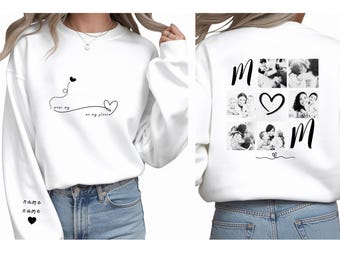 Personalized Mom Sweatshirt: Heart On My Sleeve, Names Gift, Photo Personalized