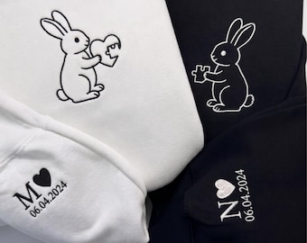 Embroidered Matching Rabit Valentines Sweatshirt, Custom Initial Sleeve, Cute Couples Gift, Hoodie for Valentine's Day Celebration,