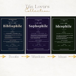 Pode incluir: Cinco impressões artísticas emolduradas da série "The Lovers Collection", cada uma com uma palavra diferente: Logófilo, Bibliófilo, Sofófilo, Ideófilo e Epistemófilo. As impressões são em cores escuras com detalhes dourados e texto.